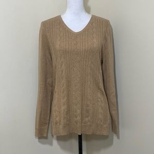 Talbots Women’s Tan Knit V-Neck Sweater Sweatshirt Medium Long Length NWOT